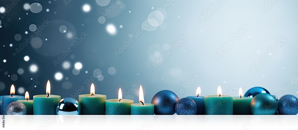Poster A festive copy space image featuring Christmas candles in green and blue hues against a white backdrop with festive lights perfect for adding text