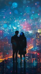 Generative AI illustration of back view couple stands close together overlooking a cityscape illuminated by countless lights under the evening sky