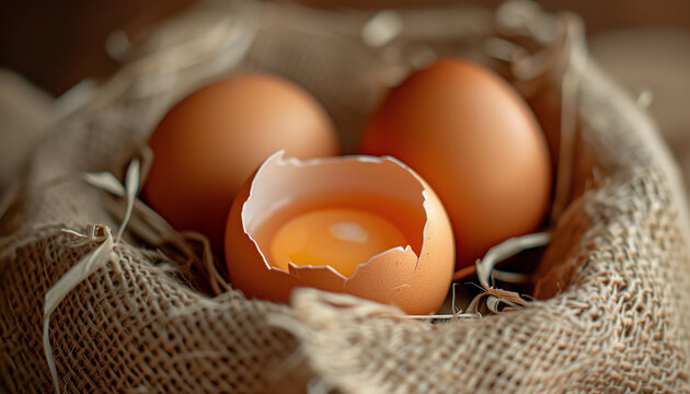 Closeup of farmfresh brown eggs, some cracked, resting in a burlap nest with a softfocus background, showcasing the beauty of National Egg Day ingredients - Powered by Adobe