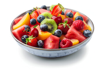 Fruit salad with watermelon, strawberry, cherry, blueberry, kiwi, raspberry and peaches in a bowl on white background