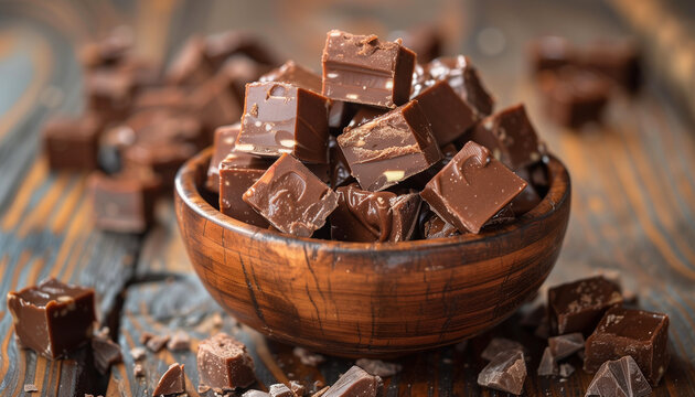 Indulge in National Fudge Day with this tempting photo of luscious chocolate fudge cubes elegantly arranged in a charming wooden bowl, with a softfocus wooden backdrop