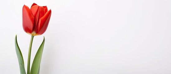 Obraz premium A stunning red tulip on a white background with plenty of space around the image. with copy space image. Place for adding text or design