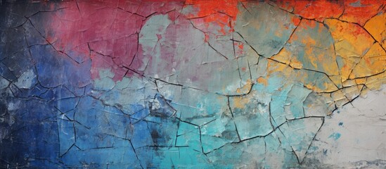 Obraz premium Cracked multicolored paint covers a rough textured concrete wall creating a background with a variety of colors. with copy space image. Place for adding text or design