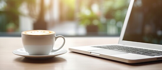A coffee break in the office featuring a cup of coffee and a laptop placed on a white desk with a shallow depth of field and ample white copy space image