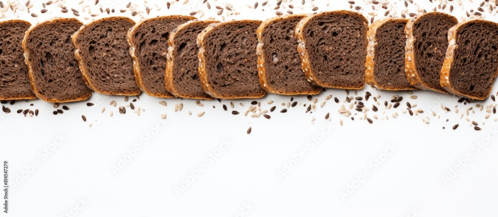 Poster A food background with a view from above showing decorative edging pieces of black rye bread on a white surface creating an isolated border pattern. with copy space image
