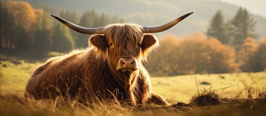 A majestic Scottish highlander cow with its large imposing horns peacefully rests in the cool shadowed area while leisurely chewing on its food copy space image