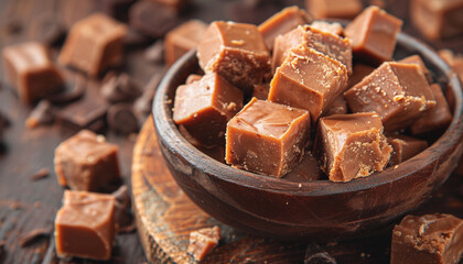 Celebrate National Fudge Day with a wooden bowl filled with rich, bitesized fudge cubes, artfully presented on a rustic table with chocolate shavings in the background - Powered by Adobe