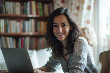 Generative AI illustration happy homey sleepy person lying in bed browsing laptop smartphone lazy morning evening