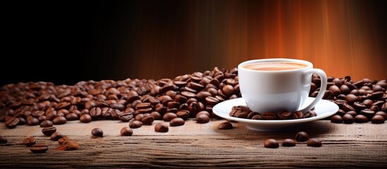 There is a cup of coffee and coffee beans arranged on the table providing a visually appealing copy space image