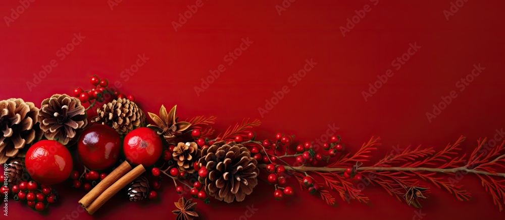 Aufkleber Copy space image of a festive holiday background adorned with vibrant spruce branches crimson berries cones fragrant cinnamon sticks and gleaming red and golden balls against a captivating red backdro