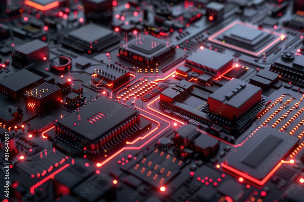 Poster close-up of a circuit board with glowing red lights. perfect for technology and innovation concepts