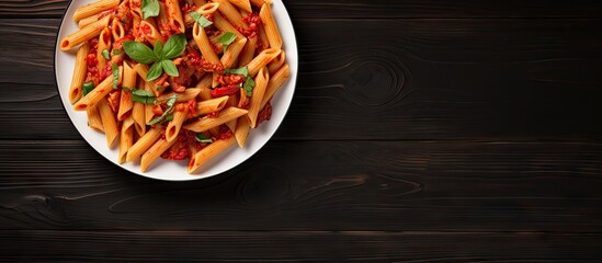 An overhead view of a plate of Penne All arrabbiata pasta prepared using an authentic Italian recipe with ample copy space for text or images