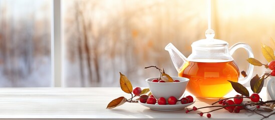 On a bright cozy white wooden table a transparent teapot filled with autumnal healthy rosehip tea is accompanied by a cup and a branch of dogrose The image leaves ample copy space