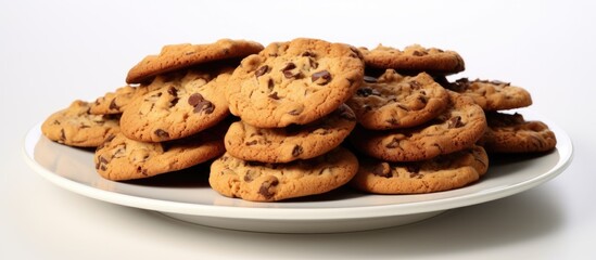 A copy space image of chocolate chip cookies placed on a white plate