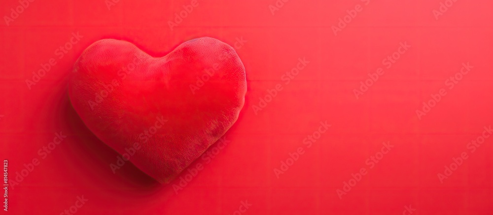 Aufkleber Top view copy space image of a soft toy heart on a vibrant red background setting the mood for a Valentine s Day love background Perfect for creating banners or designing cards