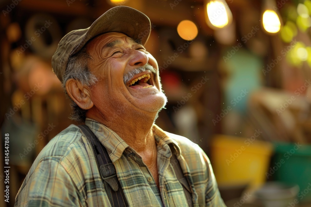 Poster a man with a moustache laughing while wearing a hat. ideal for various design projects