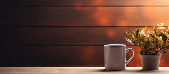 A cozy desktop scene with a mug of hot beverage a watch and a plant vase providing a serene atmosphere Perfect for a copy space image