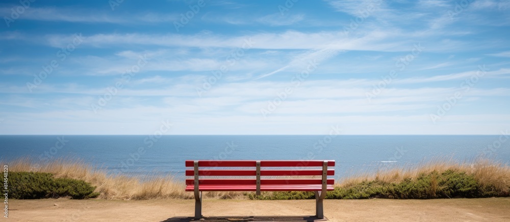 Aufkleber A serene copy space image of a bench with a view of the ocean located near the vibrant Red Cliff on the enchanting island of Sylt