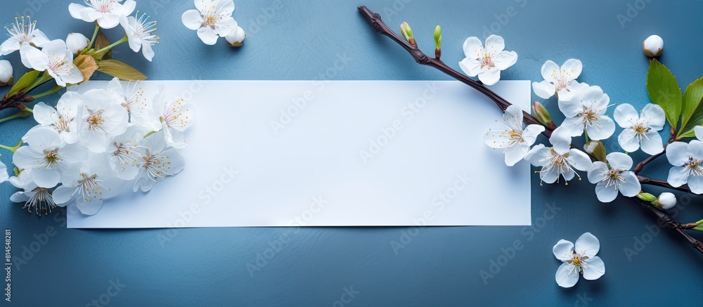Poster Blue background with a blooming wild plum tree showcasing its branches alongside a blank white sheet of paper Top view of spring flowers offering copy space for text