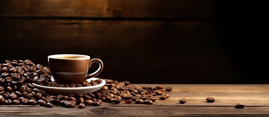 A rustic wooden background enhances the display of a coffee cup with fresh coffee beans creating a captivating copy space image
