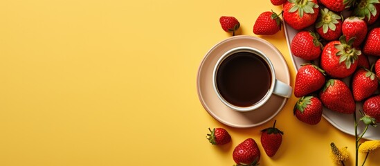 A plate with strawberries a cup of coffee and a milk jug sits on a bright yellow background in a top view arrangement The image provides copy space for text