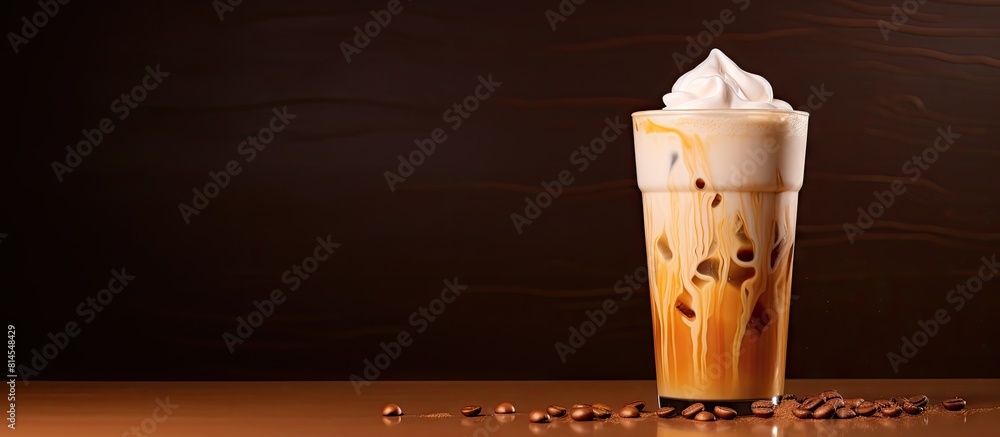 Poster copy space image of a creamy iced coffee with a generous amount of milk and a dash of coffee