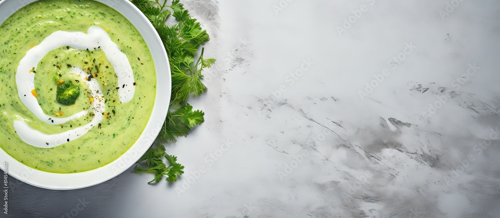 Poster This is a top down view of a vegan cream soup made from green vegetables served in a grey bowl on a grey background In the image there is a panoramic view with copy space