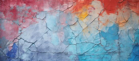 Fototapeta premium Cracked multicolored paint covers a rough textured concrete wall creating a background with a variety of colors. with copy space image. Place for adding text or design