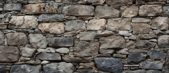 Fototapeta premium A closeup front view of a textured old stone wall serves as a background offering a copy space image