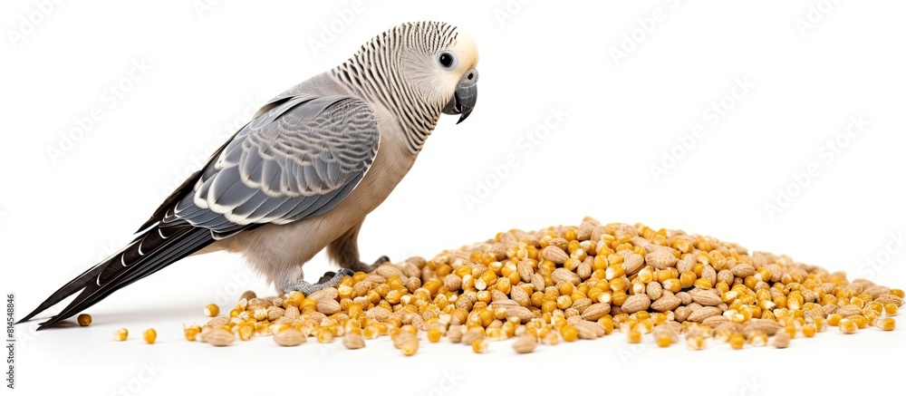 Poster a female gray cockatiel parrot is eating grain the parrot is isolated on a white background and ther