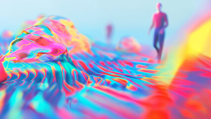 Ethereal summer illusion, Whimsical silhouette in fluorescent, dreamlike waves with chromatic heat map overlay