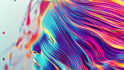 Colorful surreal woman's face with magical neon waves and heat map gradient, Dreamy fluorescent beauty and neon futurism
