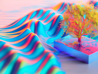 Chromatic 3D waves with abstract tree or plant biology object, Future of technology and biology in nature abstract concept