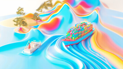 Vivid maritime logistics Illusion: Dynamic 3D gradient waves represents surreal cargo freight shipping industry port