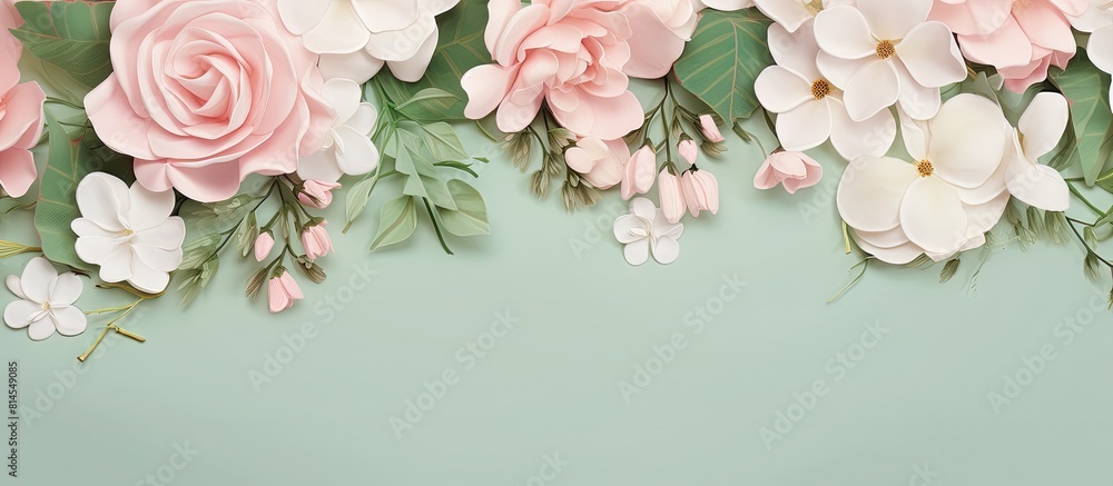 Wall mural Valentine s Day and Women s Day copy space image with pink white and green flowers along with petals on a pastel vintage festive template background