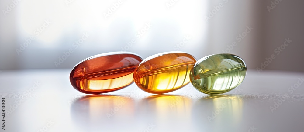 Aufkleber Close up high resolution copy space image of three Omega 3 capsules isolated on a white background surrounded by a multitude of other capsules on a blurred background This image conveys the concept o