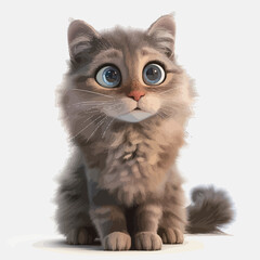 Cute kitten sitting, isolated on white background. 3D illustration.