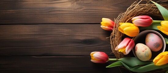 Obraz premium A festive Easter scene with vibrant handmade eggs nestled in a nest along with a bouquet of tulips on a rustic wooden table Perfect for Easter celebrations Image with a copy space