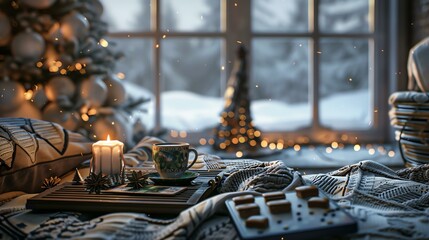 A cozy winter scene with a cup of tea, a candle, and a book. The perfect way to relax and unwind after a long day.