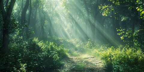 Sunlight filtering through a dense woodland trail