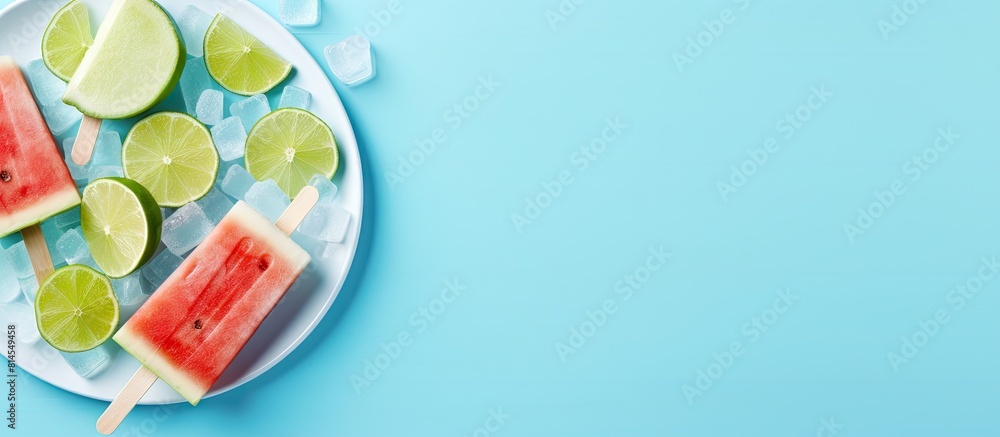 Aufkleber A close up image of a refreshing ice cream popsicle on a plate accompanied by watermelon slices an ice cube and a lime The blue background adds to the vibrant top view aesthetic
