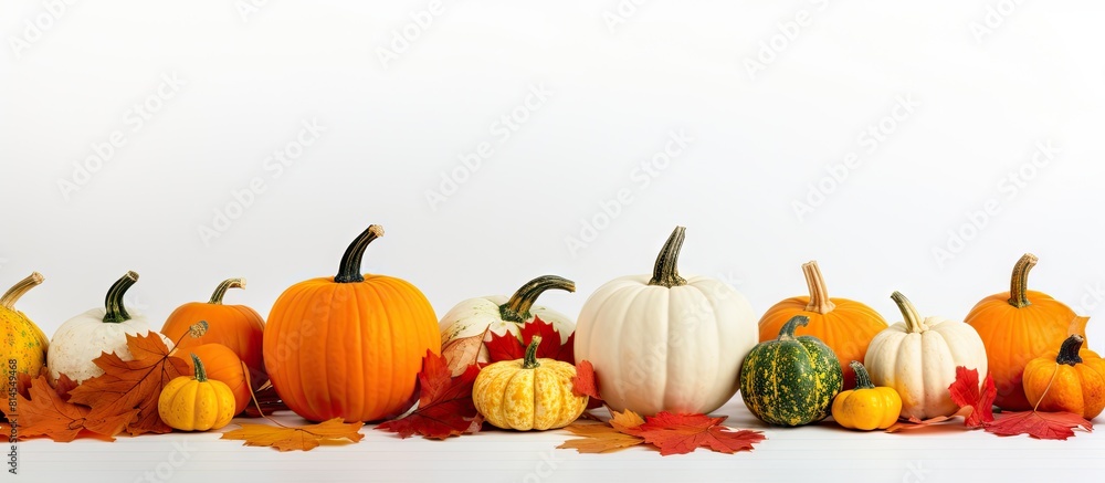 Poster a white background showcases an autumn composition featuring various pumpkins vibrant fall leaves an