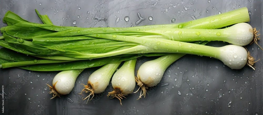 Aufkleber top view of freshly harvested leeks with water drops on a stone background providing ample space for