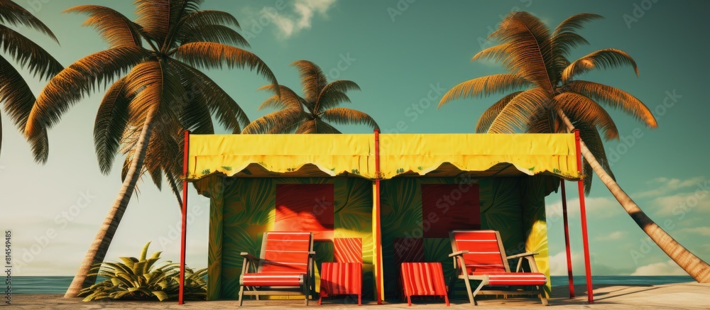 Poster Empty red and yellow sun loungers and umbrellas made of palm leaves can be seen in the background of a green rescue booth on the coast It is a copy space image 112 characters