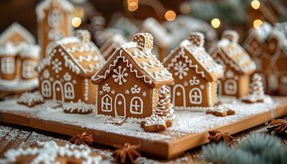 Charming view of intricate gingerbread houses covered in powdered sugar snow, surrounded by cozy, twinkling holiday lights, creating a festive Christmas ambiance for National Gingerbread Day