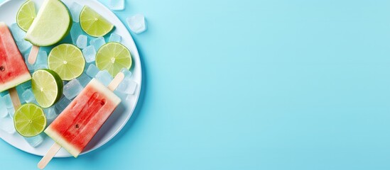 Fototapeta premium A close up image of a refreshing ice cream popsicle on a plate accompanied by watermelon slices an ice cube and a lime The blue background adds to the vibrant top view aesthetic
