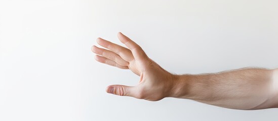 A man s hand with four fingers extended is visible on a white background inside a lightbox creating a copy space image