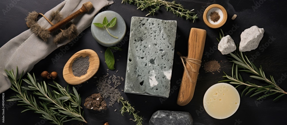 Aufkleber the grey stone table features a flat lay composition showcasing a natural handmade soap and its ingr