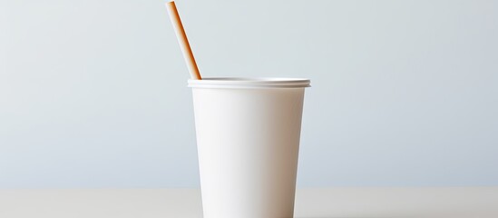 A white paper cup with a lid and drink stick specifically designed to be environmentally friendly is featured against a white background in this copy space image