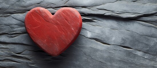 Obraz premium A red wooden heart is placed on a textured grey stone background creating a rustic and charming atmosphere The image provides ample space for written content or text making it a great choice for love